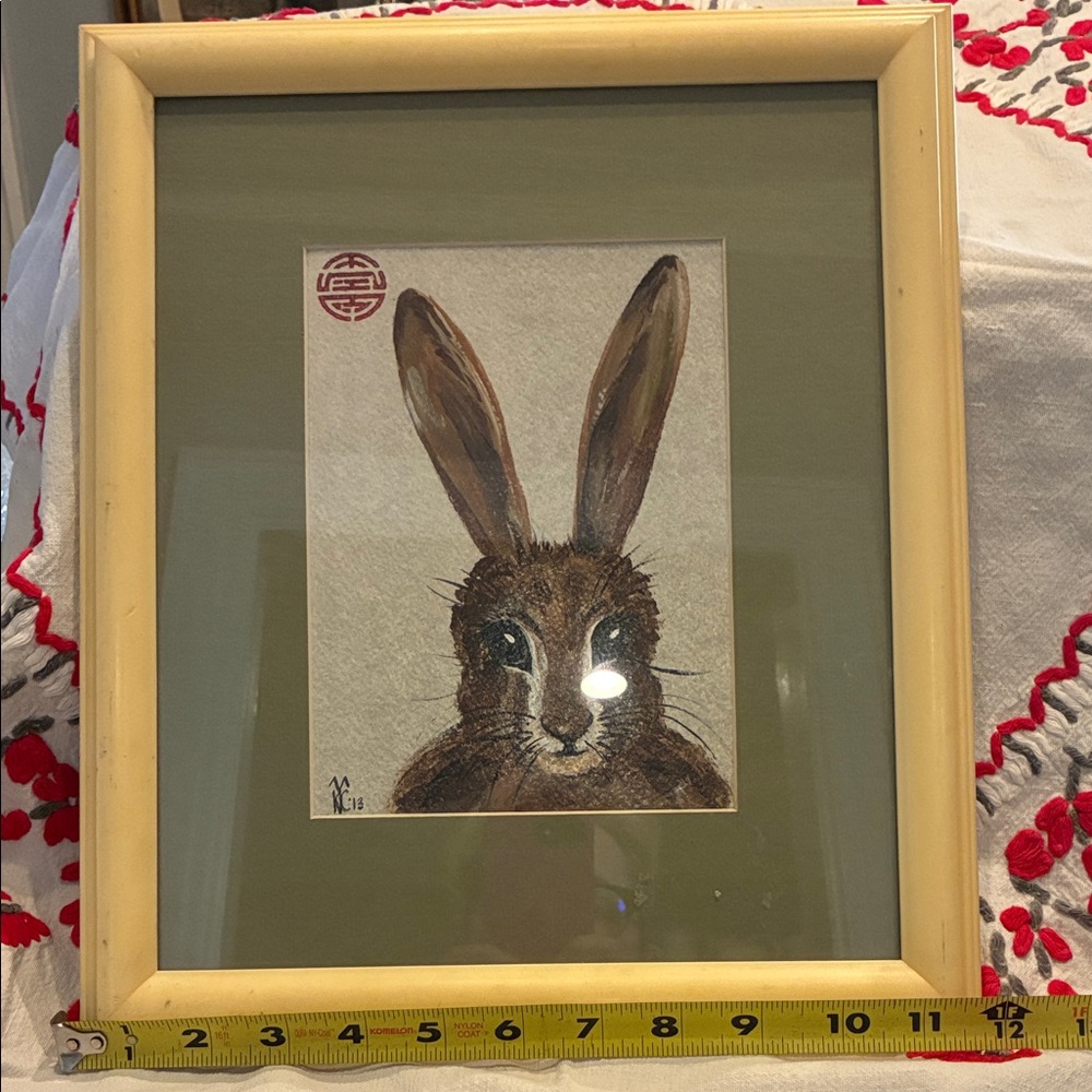 Framed Rabbit Art Print in Tan and Brown signed and matted